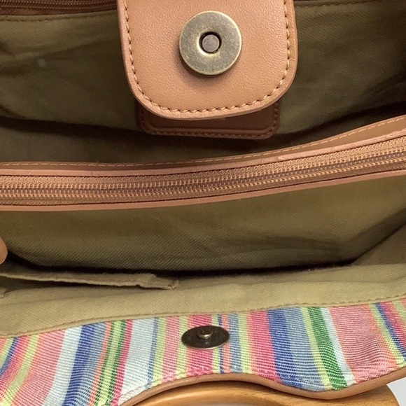 Fossil striped clothe handbag with wood handles Preowned - Picture 9 of 9